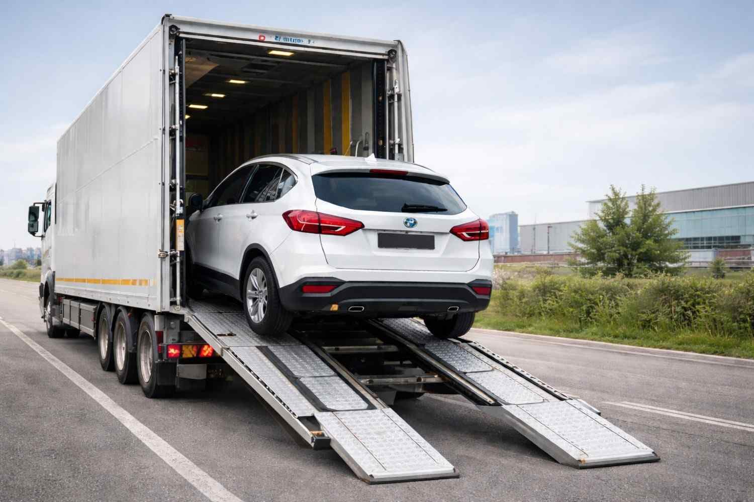 A car being loaded onto an enclosed hydraulic carrier for door-to-door transport from Mangalore