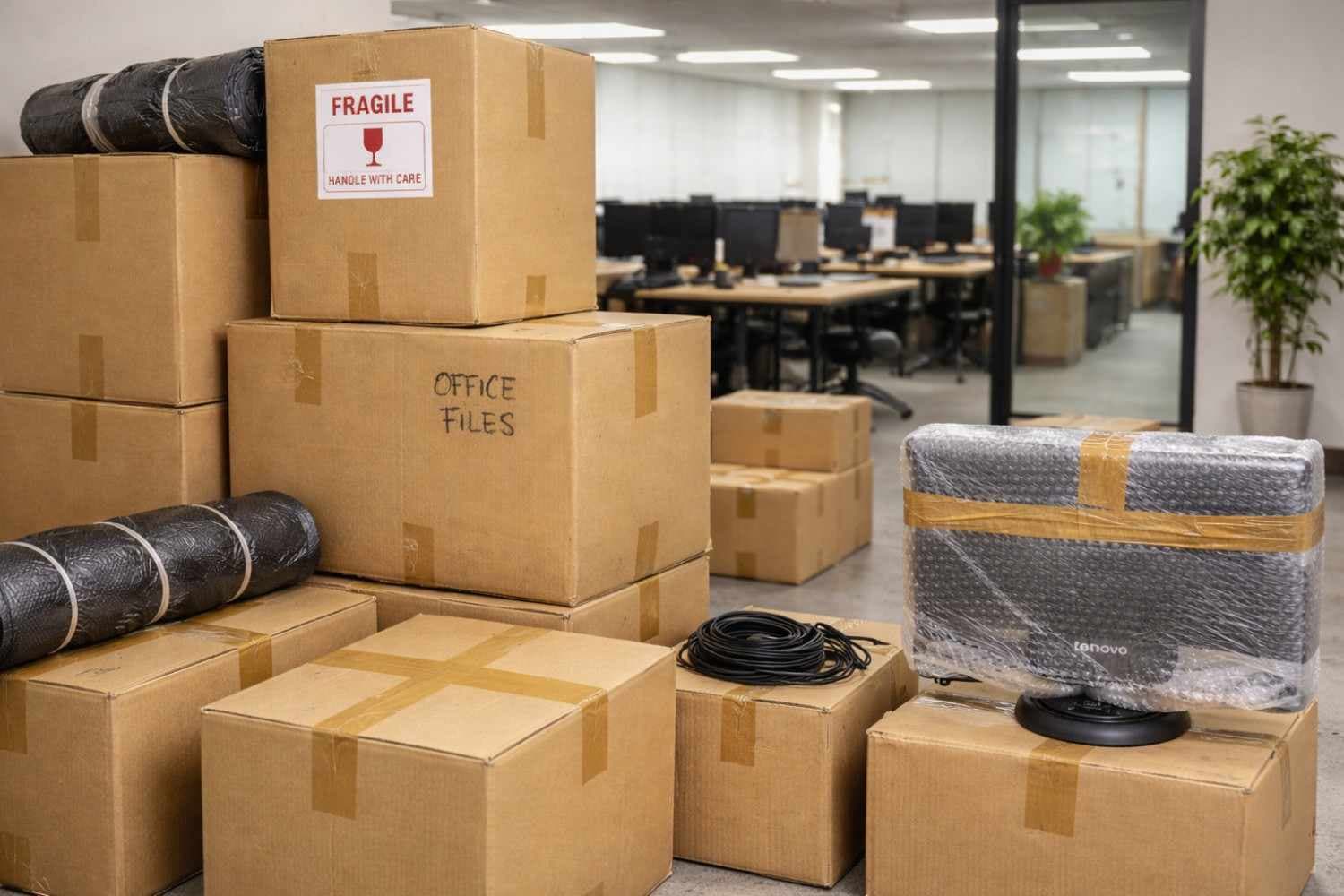 Packers carefully labelling and wrapping office workstations during a corporate relocation in Mangalore