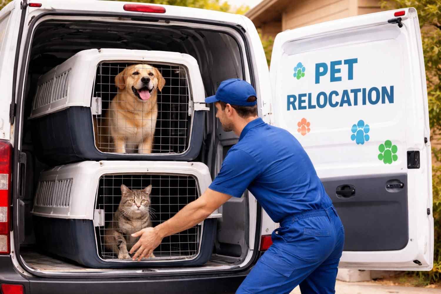 A trained pet handler keeping a dog calm inside a climate-controlled vehicle during relocation from Mangalore